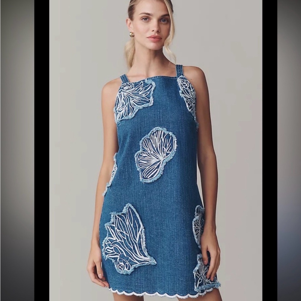 Anthropologie  Denim Embroidered Mini Dress